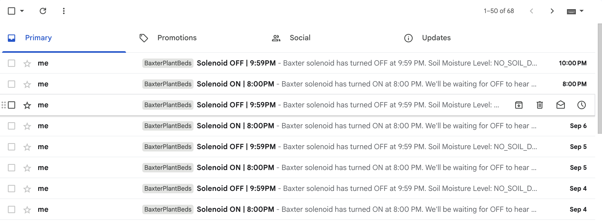 Gmail inbox showing Baxter Plant Beds solenoid-on messages at 8:00 p.m. and solenoid-off messages at 9:59 p.m. across several days