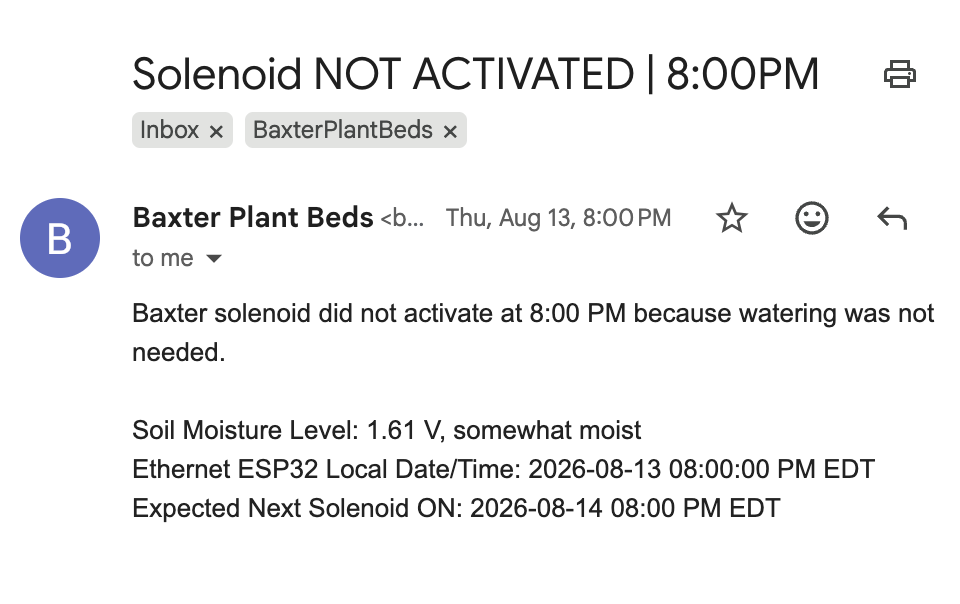 August 13 email: solenoid not activated at 8:00 p.m.; soil voltage 1.61 V, somewhat moist