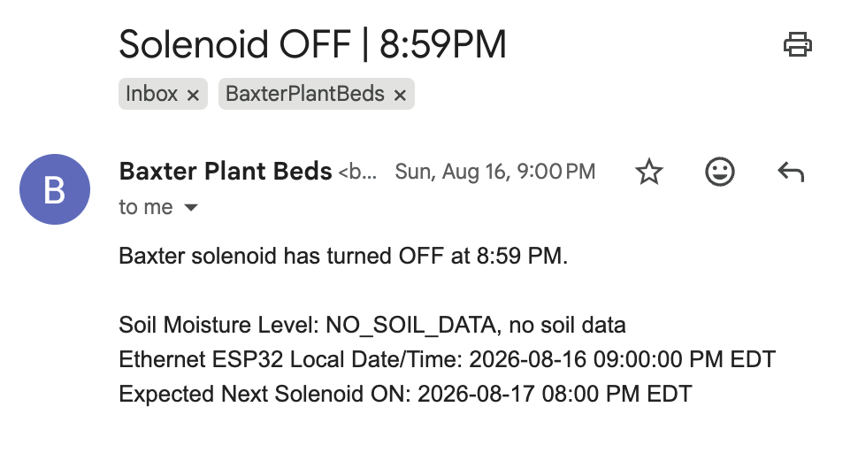 August 16 email: solenoid off at 8:59 p.m., NO_SOIL_DATA, and Ethernet local time 9:00 p.m.