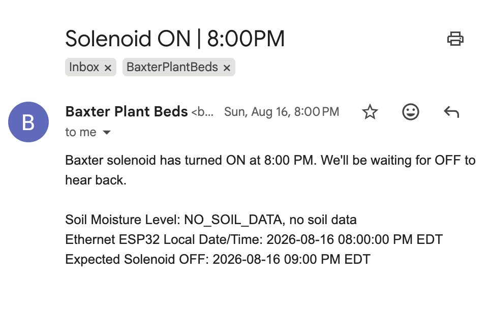 August 16 email: solenoid on at 8:00 p.m., NO_SOIL_DATA, with expected solenoid off at 9:00 p.m.